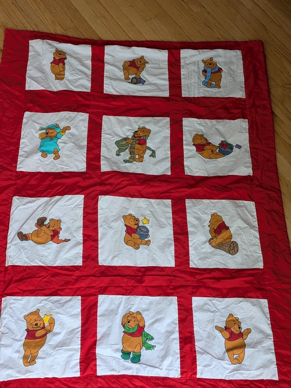 Vintage Disney Winnie the Pooh Character Block Quilt Throw Blanket Baby Crib